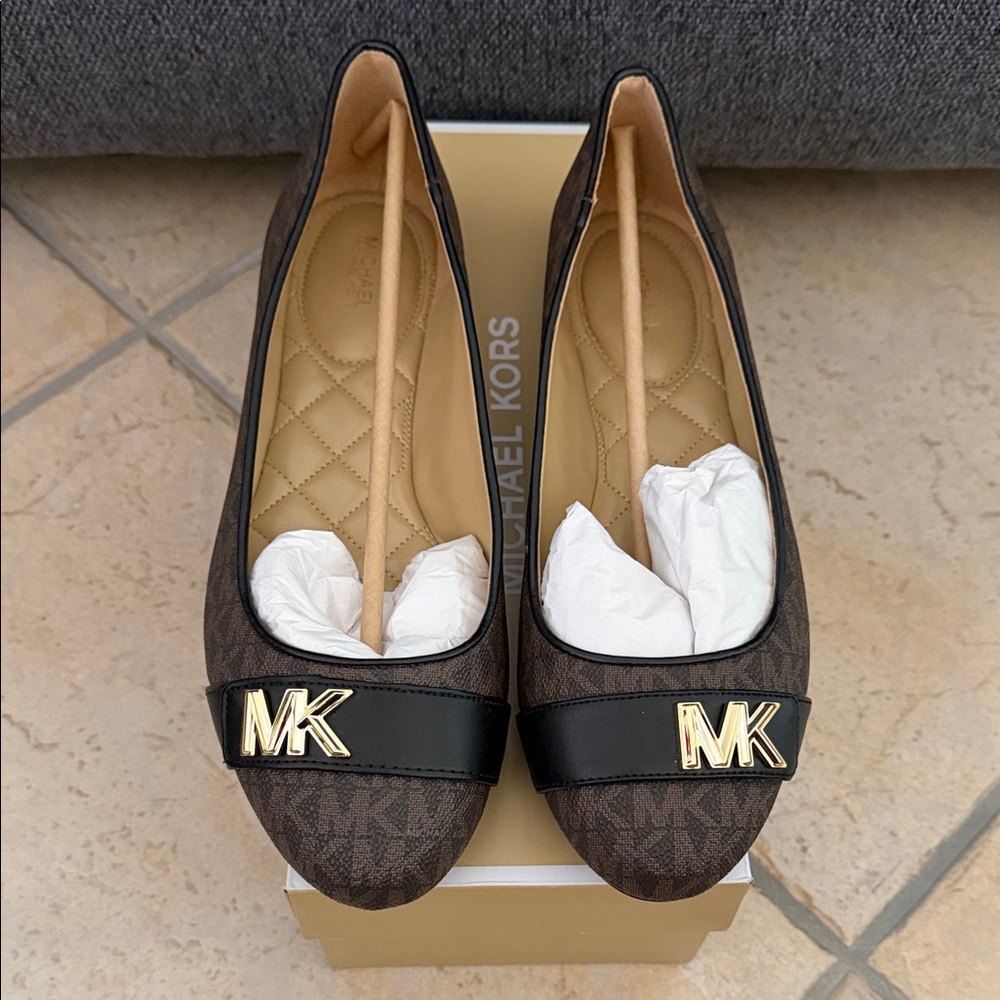 Michael Kors Monogrammed Brown Loafers with Gold Accent